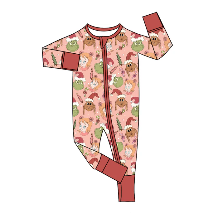 8.13 Preorder(moq 5)Baby Girls Christmas Dogs Frogs Zipper Footie Rompers