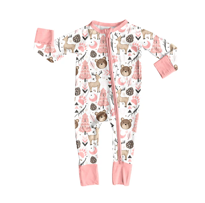 8.14 Preorder(moq 5)Baby Girls Pink Animals Zipper Footie Rompers