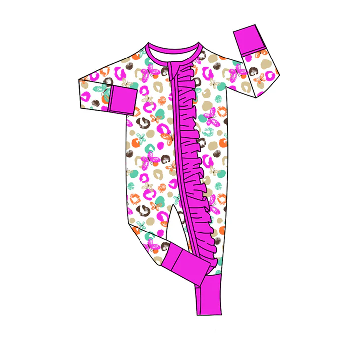 8.14 Preorder(moq 5)Baby Girls Purple Leopard Butterfly Bows Rompers