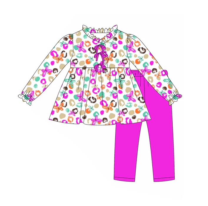 8.14 Preorder(moq 5) Baby Girls Purple Leopard Butterfly Tunic Top Legging Boutique Outfits Sets