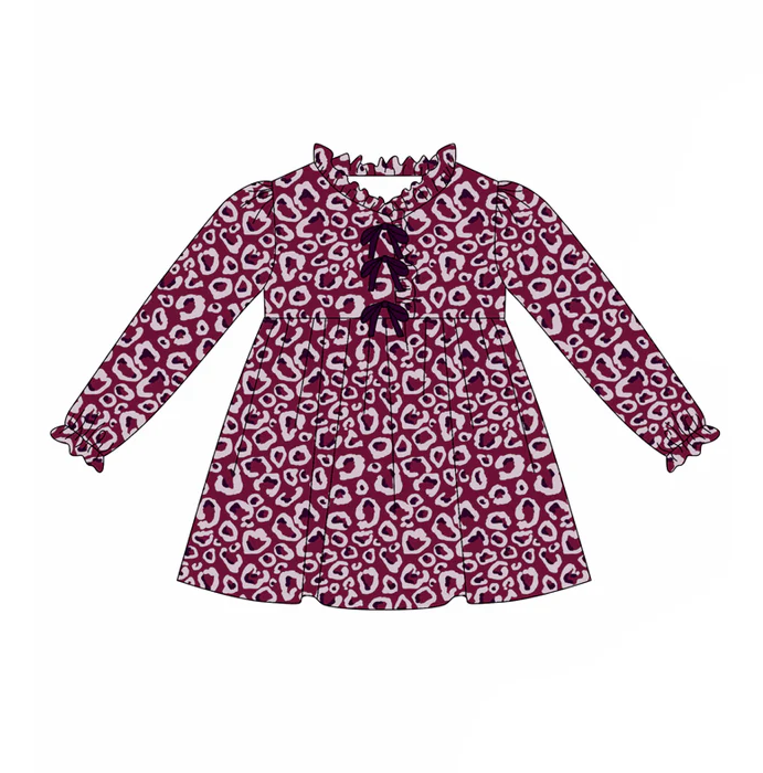 8.14 Preorder (moq 5)Baby Girls Maroon Leopard Bows Knee Length Dresses