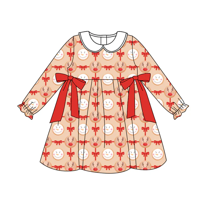8.14 Preorder (moq 5)Baby Girls Christmas Gingerbread Bows Ruffle Knee Length Dresses