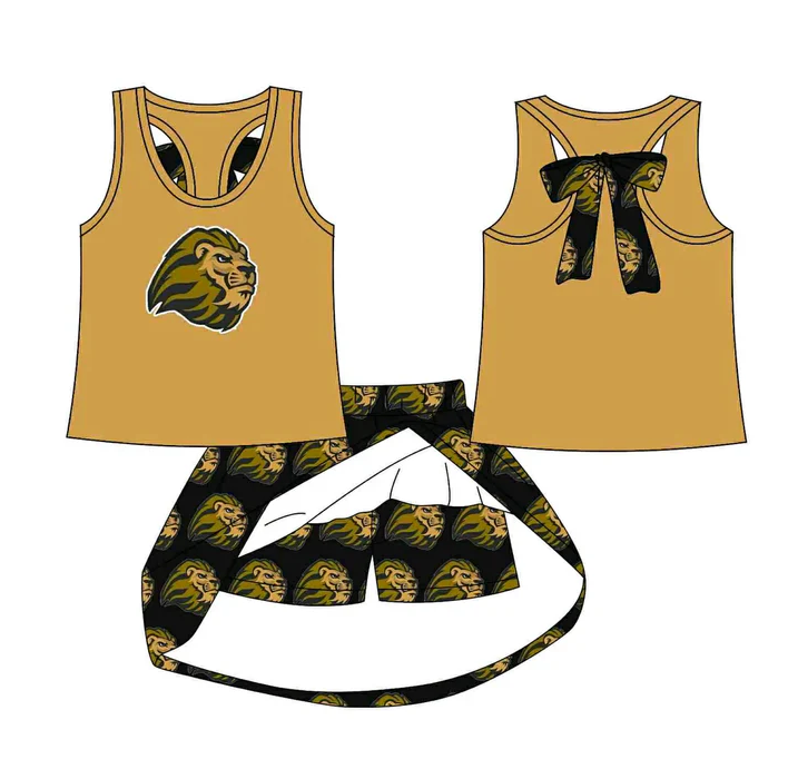 8.15 Preorder (moq 5)Baby Girls Gold Lion vest team Top Skirt Skort Sets