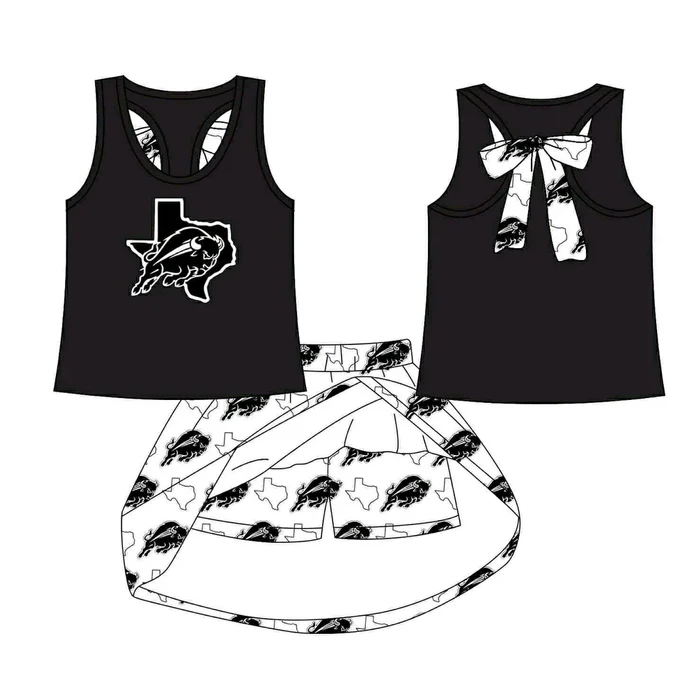 8.15 Preorder (moq 5)Baby Girls Black Cow bow vest team Top Skirt Skort Sets