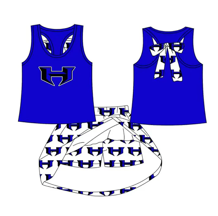 8.15 Preorder (moq 5)Baby Girls Blue H bow vest team Top Skirt Skort Sets