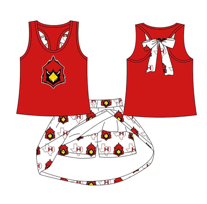 8.15 Preorder (moq 5)Baby Girls Red Bird bow vest team Top Skirt Skort Sets