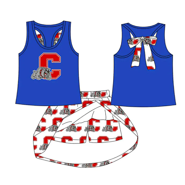 8.15 Preorder (moq 5)Baby Girls Blue C Dog bow vest team Top Skirt Skort Sets