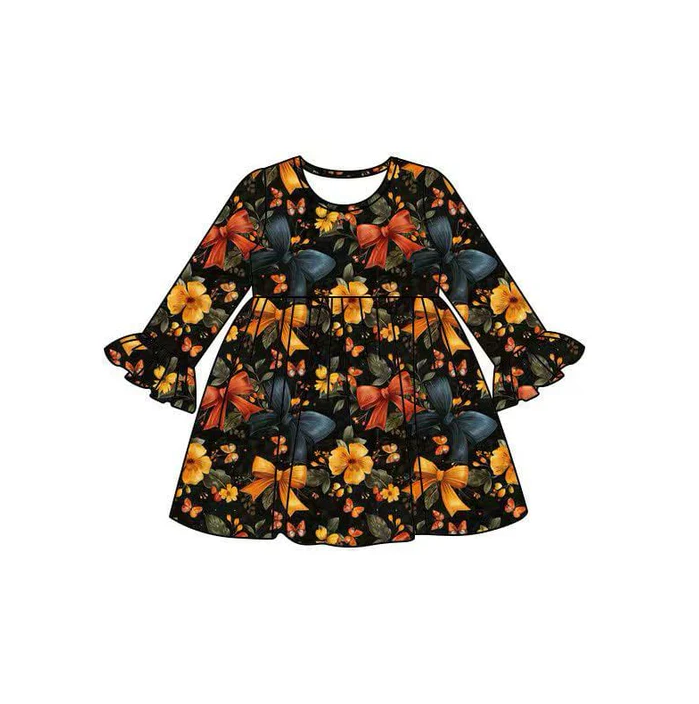 8.15 Preorder(moq 5) Baby Girls Fall Floral Long Sleeves Knee Length Dresses