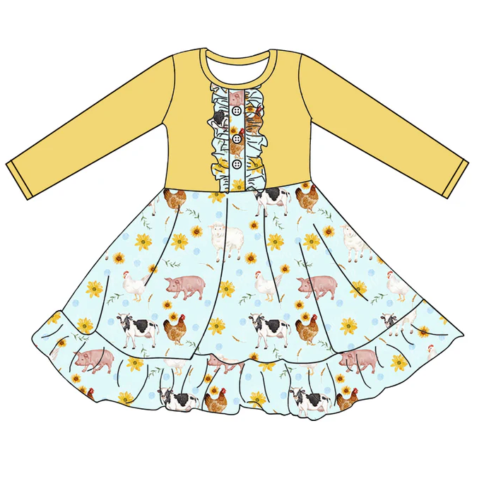 8.19 Baby Girls Animal Farm Yellow Ruffle Knee Length Dresses preorder(moq 5)
