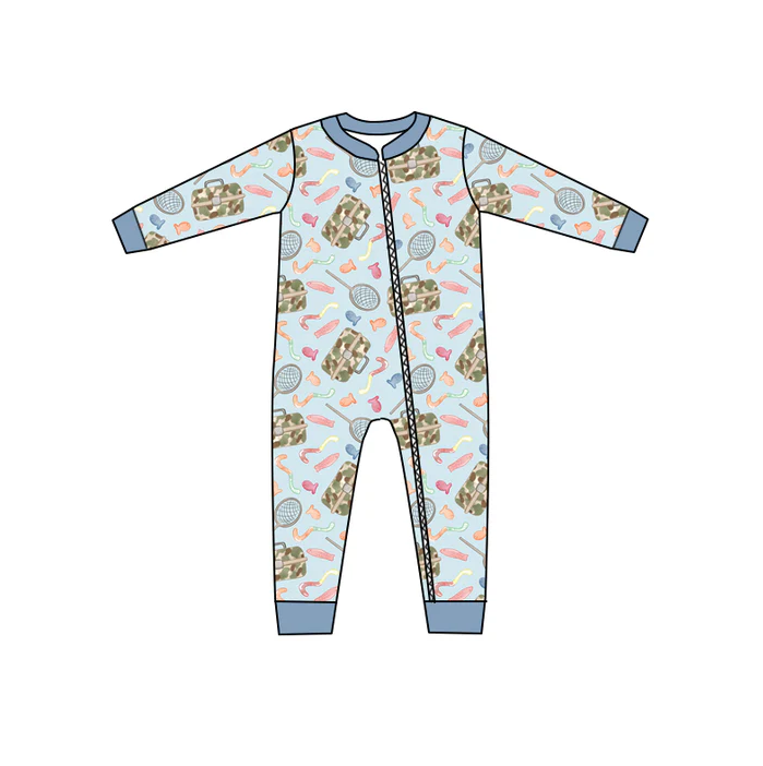 8.21 Baby Boys Fishing Blue Zip Rompers preorder(moq 5)