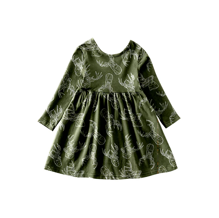8.25 Baby Girls Fall Green Deer Long Sleeve Dresses preorder(moq 5)