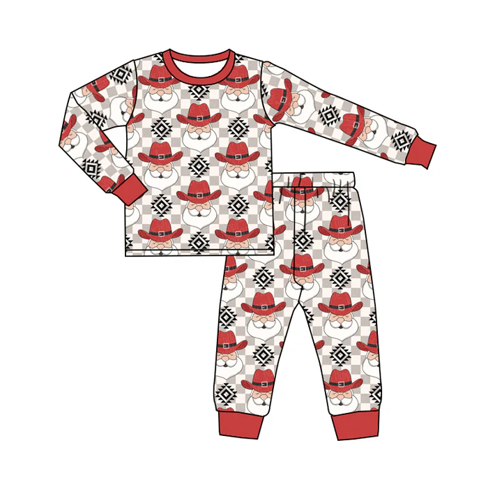 8.25 Baby Kids Christmas Aztec Santa Wetern 2pcs Jammies Pajamas Clothes Sets preorder(moq 5)