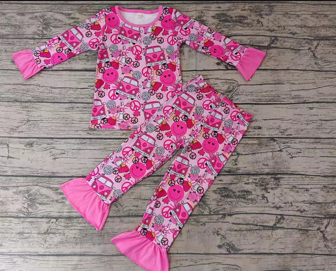 8.25 Baby Girls Pink Bus Camping Top Pants Pajamas Sets preorder(moq 5)