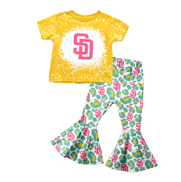 8.26 Baby Girls Team Green Pink Tee Shirt Leopard Bell Pants Clothing Sets preorder(moq 5)
