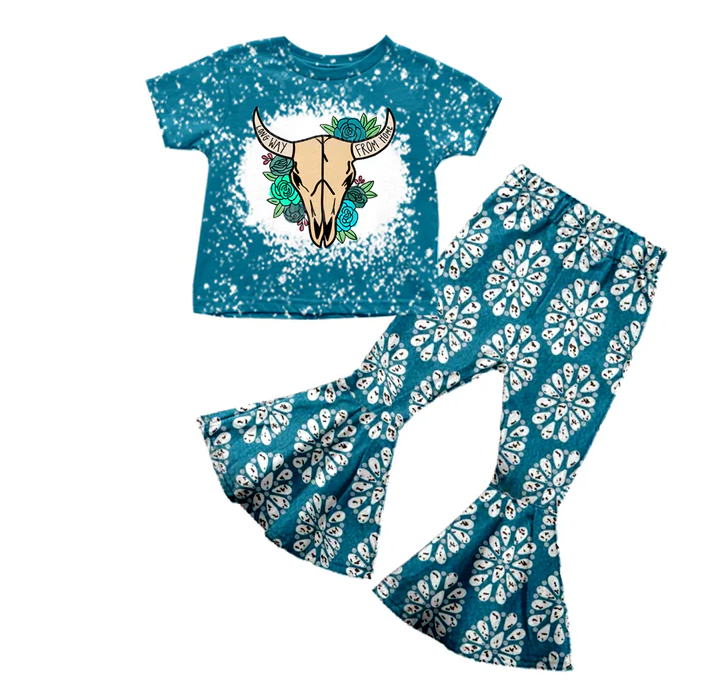 8.27 Baby Girls Cow Flowers Dark Blue Turquoise Shirt Bell Pants Clothes Sets preorder(moq 5)