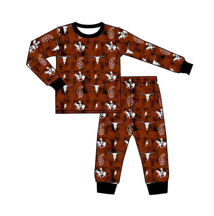 8.27 Baby Girls Western Brown Cow Horse Pajamas Clothes Sets preorder(moq 5)