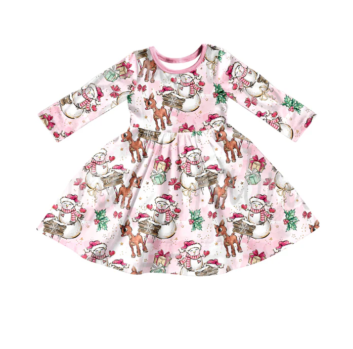 8.26 Baby Girls Christmas Pink Deer Snowman Long Sleeve Dresses preorder(moq 5)