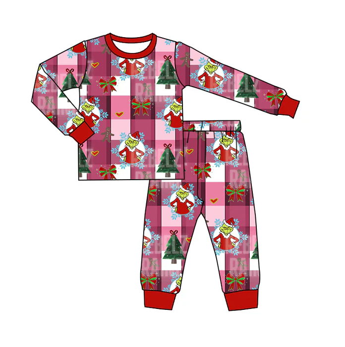 8.27 Baby Kids Green Frog Red 2pcs Pants Christmas Pajamas Clothes Sets preorder(moq 5)