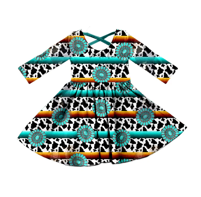 8.27 Baby Girls Western Turquoise Cross Back Long Sleeve Dresses preorder(moq 5)