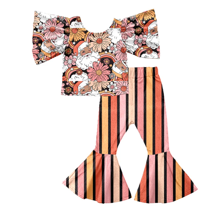 8.28 Baby Girls Santa Groovy Flutter Sleeve 2pcs Christmas Stripe Pants Clothing Sets preorder(moq 5)