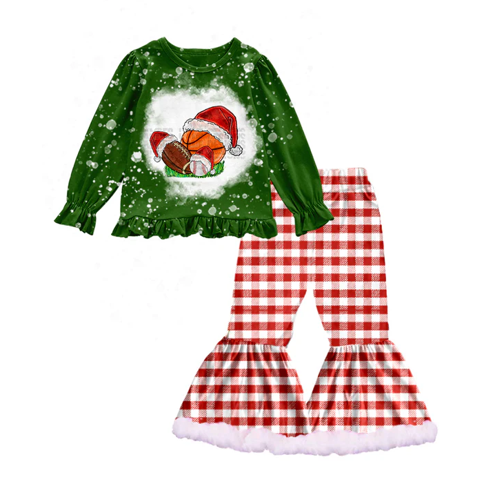 8.29 Baby Girls Christmas Balls Shirt Red Checkered Bell Bottom Pants Sets preorder(moq 5)