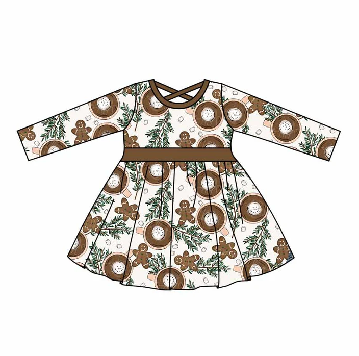 8.29 Baby Girls Christmas Gingerbread Coffee Knee Length Dresses preorder(moq 5)