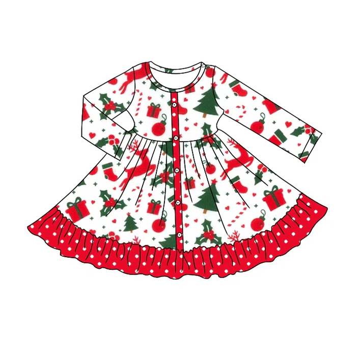 8.29 Baby Girls Christmas Tree Deer Ruffle Knee Length Dresses preorder(moq 5)