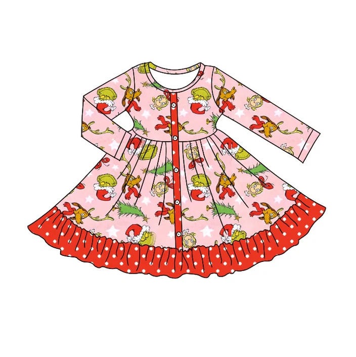 8.29 Baby Girls Christmas Red Green Tree Face Knee Length Dresses preorder(moq 5)