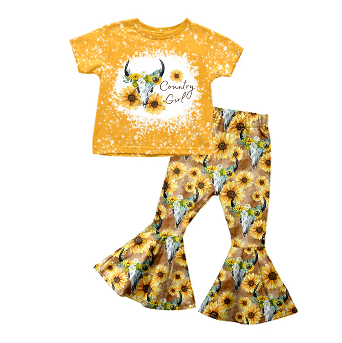 8.30 Baby Girls Cow Skull Sunflowers Tee Top Pants Sets preorder(moq 5)
