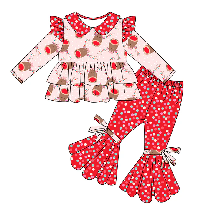 8.30 Baby Girls Christmas Deer Ruffle Tunic Bell Bow Pants Clothing Sets preorder(moq 5)