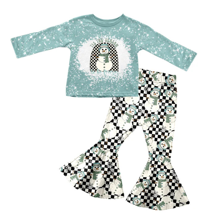 8.30Baby Girls Blue Checker Snowman Long Sleeve Shirt Pants Clothes Sets preorder(moq 5)