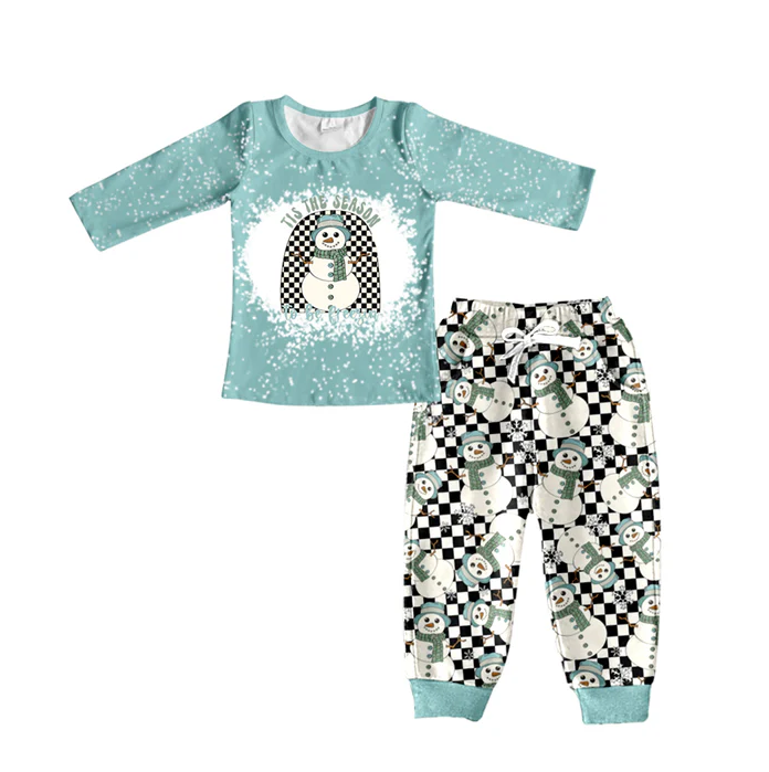 8.30 Baby Boys Blue Checker Snowman Long Sleeve Pants Pajamas Clothes Sets preorder(moq 5)