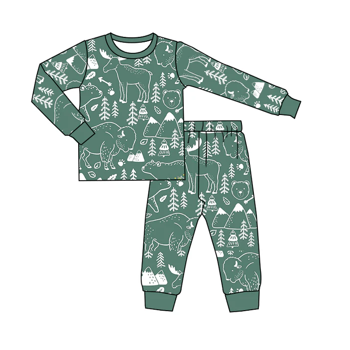8.30 Baby Boys Bear Green Long Sleeve Shirt Pants Pajamas Sets preorder(moq 5)