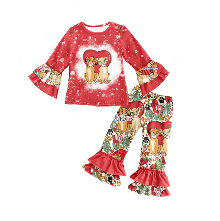 9.1 Baby Girls Red Valentines Lions Ruffle Top Pants Clothes Sets preorder(moq 5