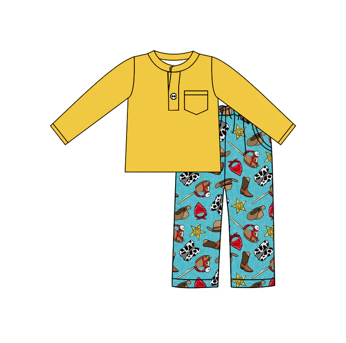 9.1 Baby Boys Yellow Pocket Top Western Cow Pants Clothes Sets preorder(moq 5)