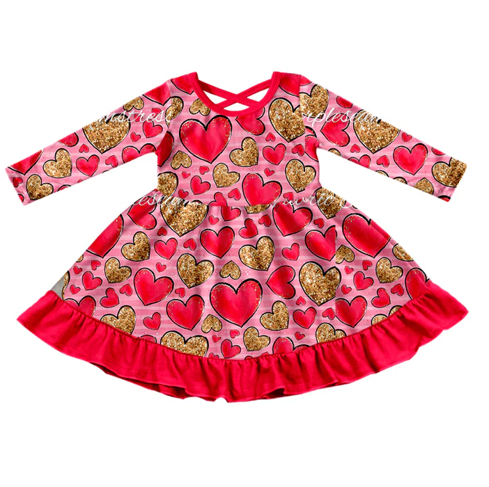 9.1 Baby Girls Valentines Hearts Ruffle Knee Length Dresses preorder(moq 5)