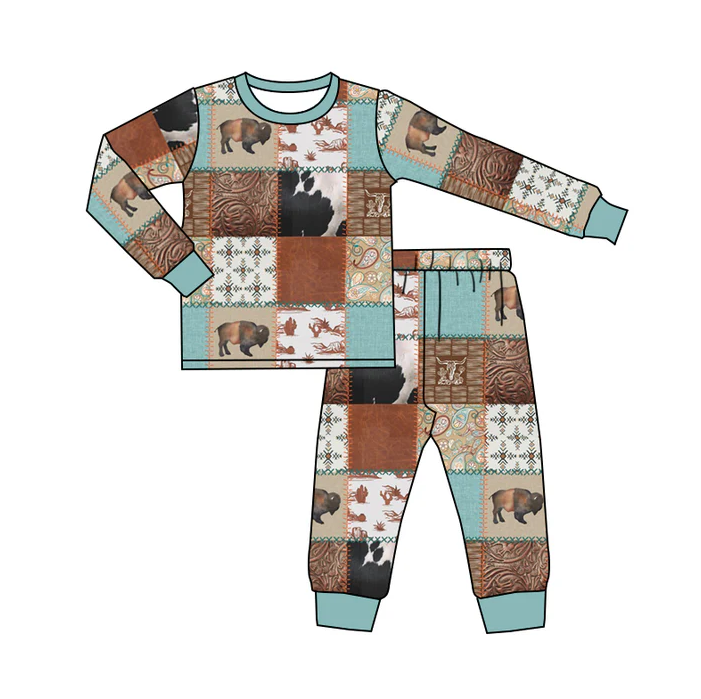9.1 Baby Kids Western Cows Blue Pajamas Clothing Sets preorder(moq 5)
