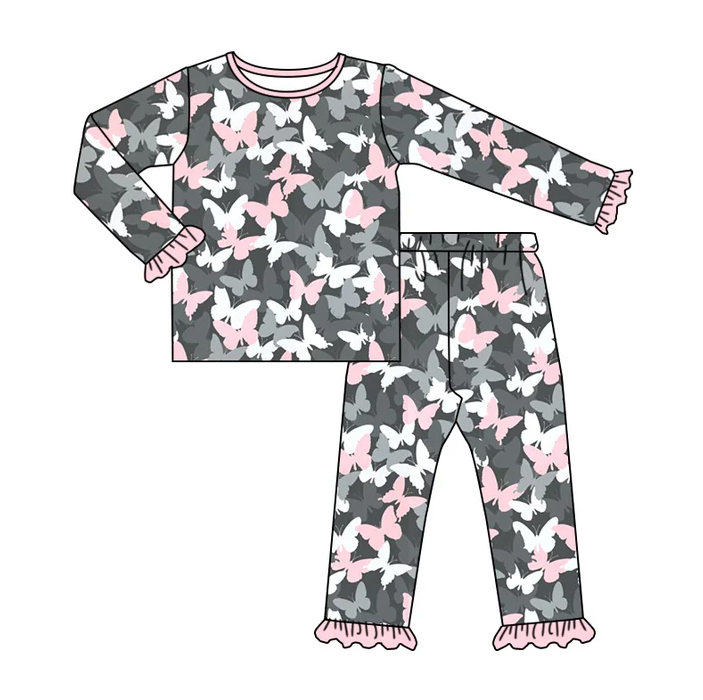 9.1 Baby Girls Butterfly Pink Shirts Ruffle Pants Pajamas Clothes Sets preorder(moq 5)
