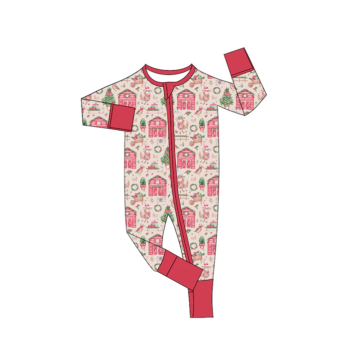 9.2 Preorder(moq 5)Baby Boys Christmas Tree Farm Zipper Footie Rompers