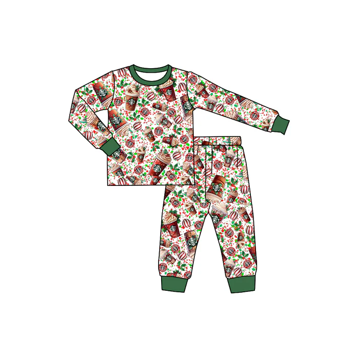 9.2 Preorder (moq 5)Baby Kids Christmas Coffee Baseball Green Pants Pajamas Sets