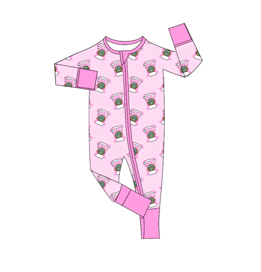 9.2 Preorder(moq 5)Baby Girls Pink Coffee Cup Zipper Footie Rompers