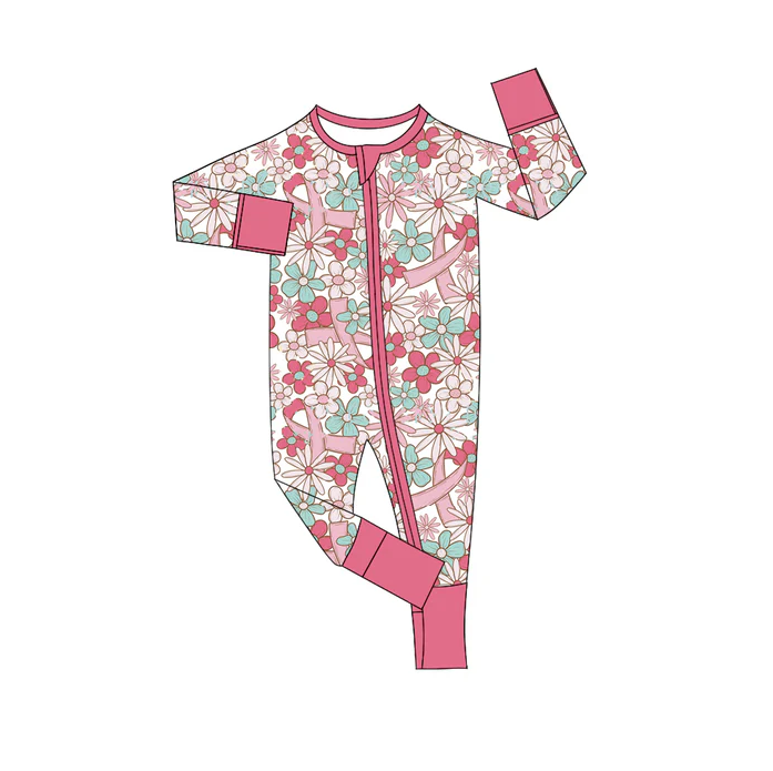 9.2 Preorder(moq 5)Baby Girls Pink Blue Cross Flowers Zipper Footie Rompers