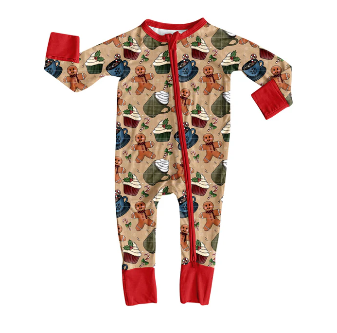 9.2 Preorder(moq 5)Baby Boys Gingerbread Cakes Christmas Zipper Footie Rompers