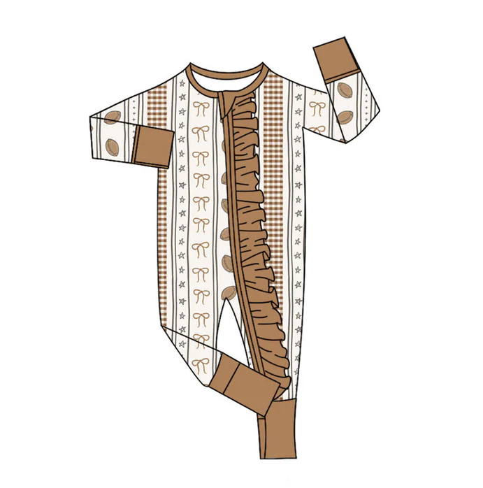 9.2 Preorder(moq 5)Baby Girls Bows Footballs Stripe Team Ruffle Zipper Footie Rompers