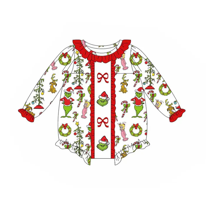 9.2 Preorder(moq 5)Baby Girls Green Face Candy Cane Christmas Ruffle Rompers