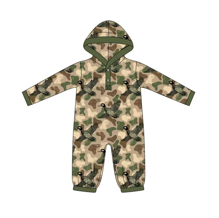 9.2 Preorder(moq 5)Baby Boys Green Camo Ducks Button Western Hoodie Footie Rompers
