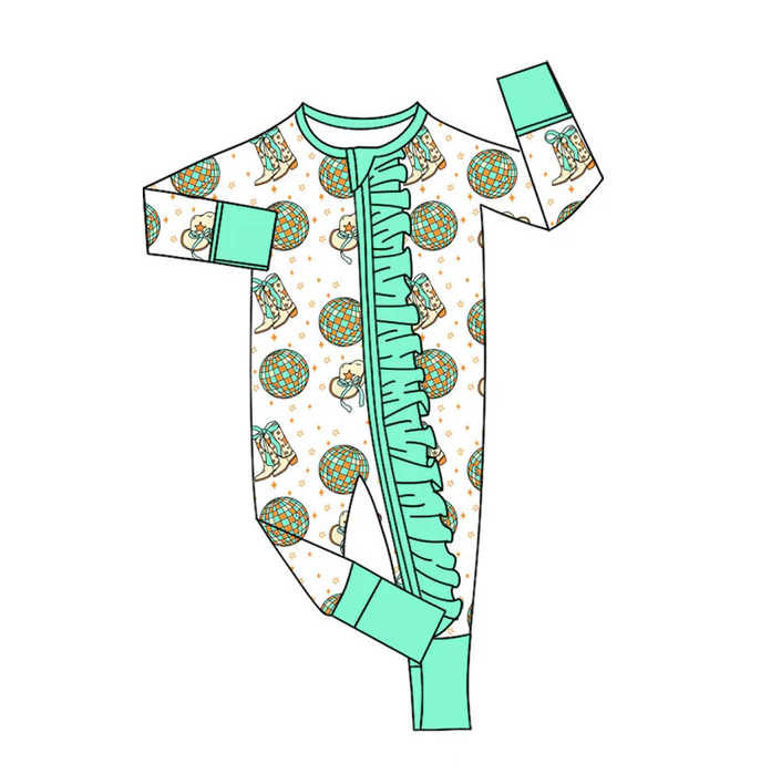 9.3 Preorder(moq 5)Baby Girls Green Boots Balls Long Sleeves Ruffle Zipper Footie Rompers