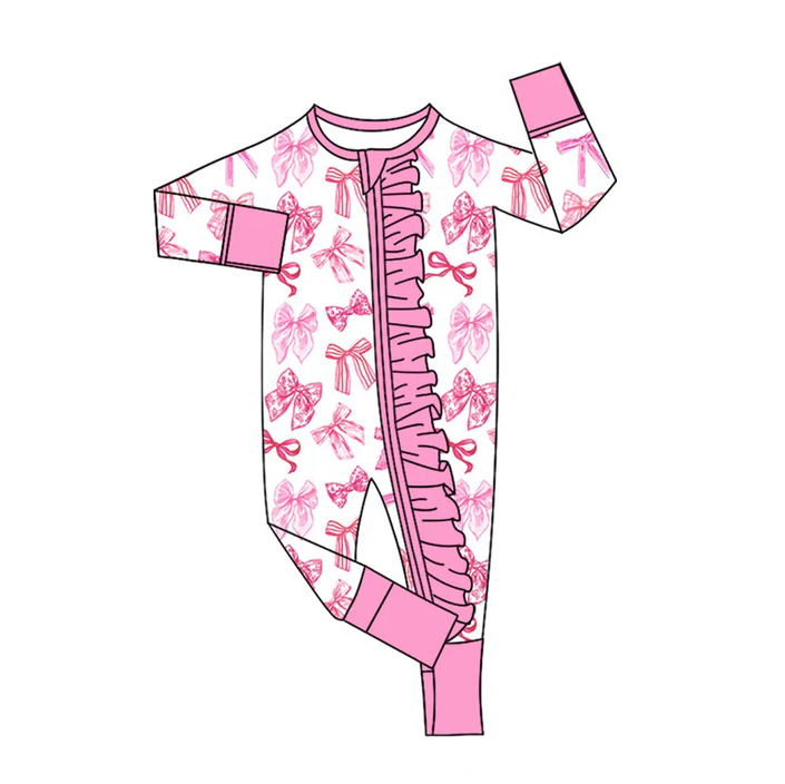 9.3 Preorder(moq 5)Baby Girls Pink Bows Long Sleeves Ruffle Zipper Footie Rompers