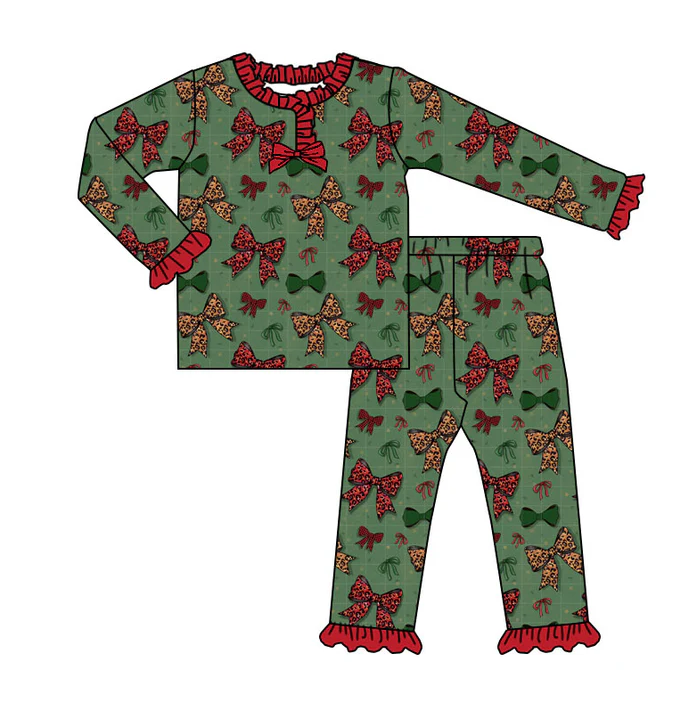 9.2 Preorder (moq 5)Baby Girls Green Red Bows Christmas Ruffle Pants Pajamas Sets