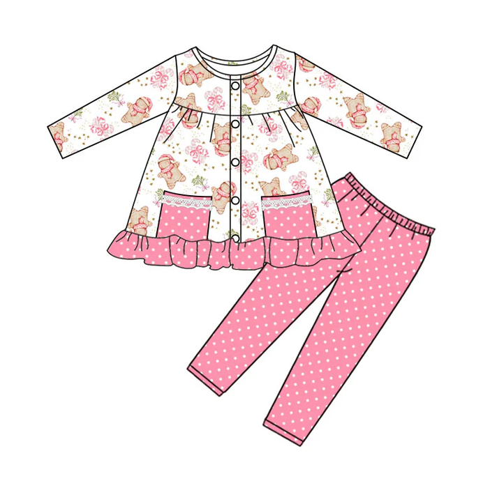 9.3 Preorder (moq 5)Baby Girls Gingerbread Candy Cane Button Pockets Polka Dots Leggings Christmas Sets
